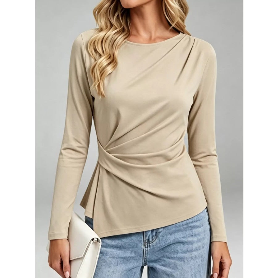 Ruched Waist Long Sleeve T-Shirt Khaki / S Apparel and Accessories