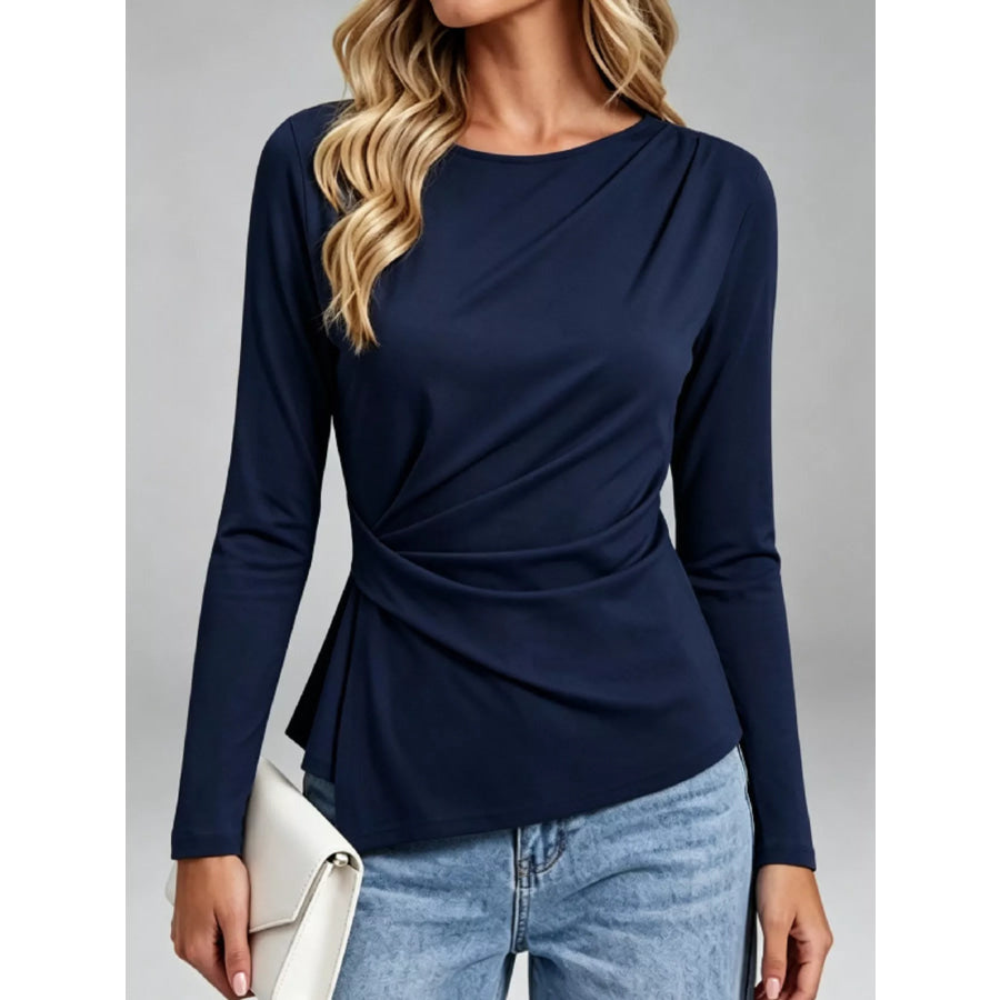 Ruched Waist Long Sleeve T-Shirt Navy / S Apparel and Accessories