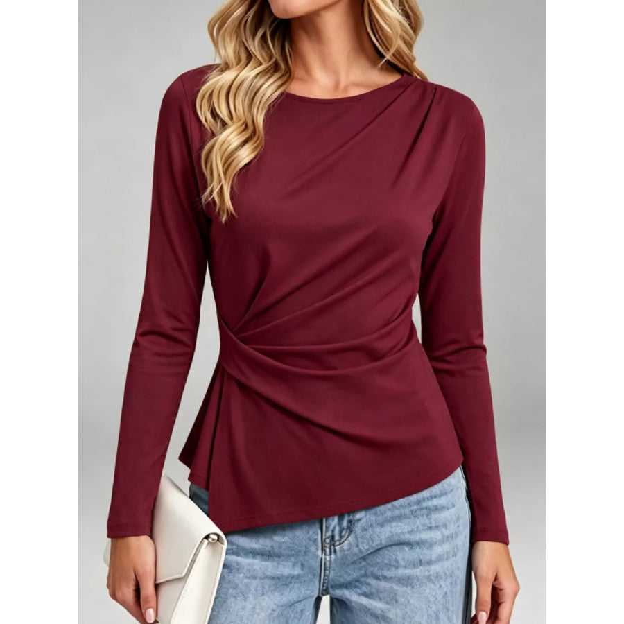 Ruched Waist Long Sleeve T-Shirt Red / S Apparel and Accessories