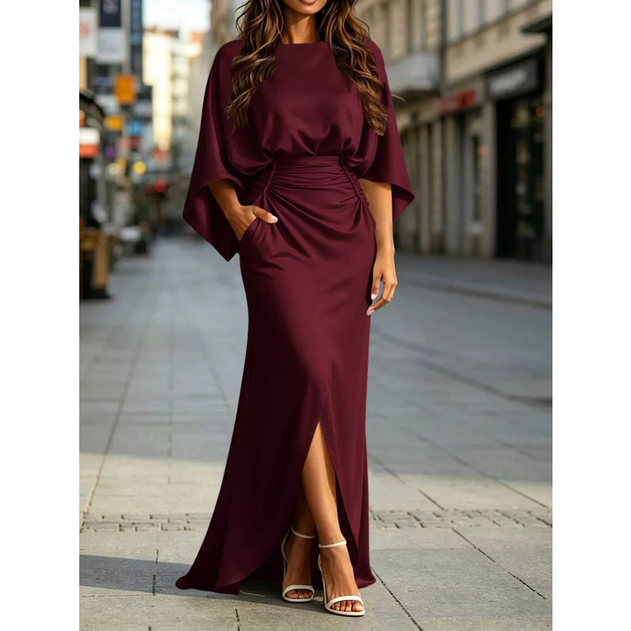 Ruched Waist Maxi Dress with Pockets Burgundy / S