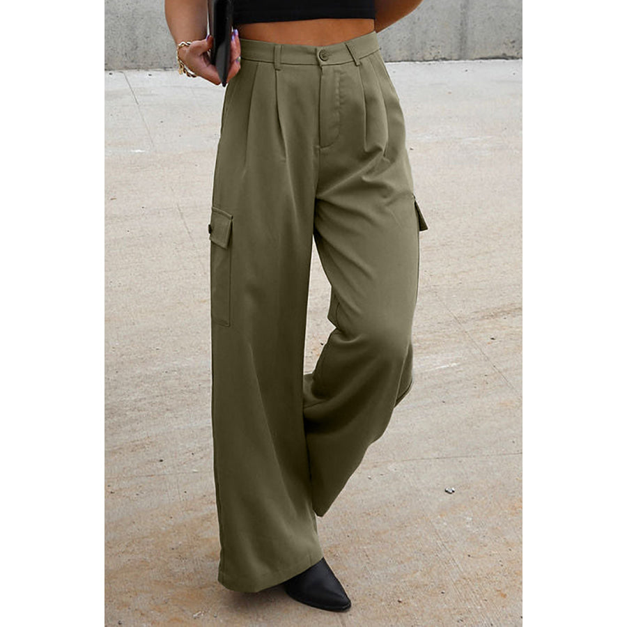 Ruched Wide Leg Pants with Pockets Army Green / 4 Apparel and Accessories