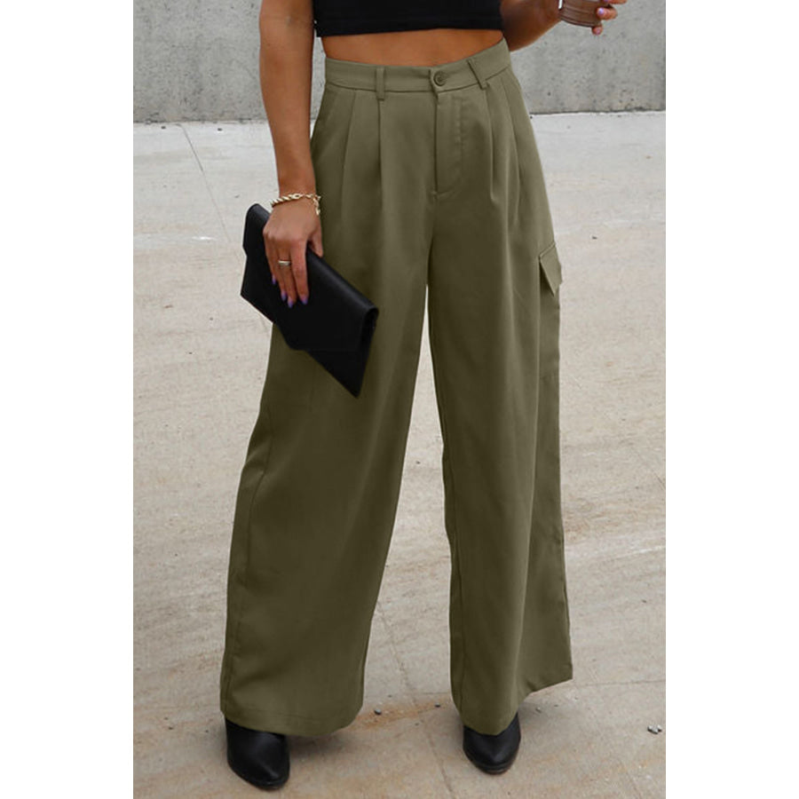 Ruched Wide Leg Pants with Pockets Army Green / 4 Apparel and Accessories