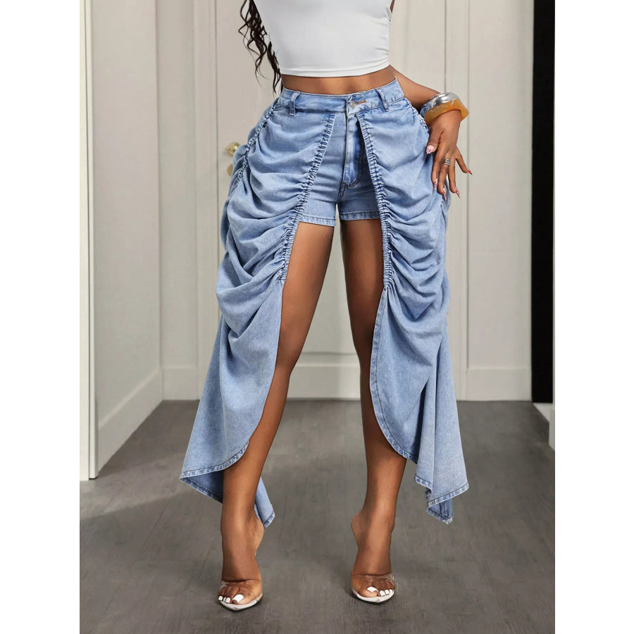 Ruching Detail Denim Shorts with Dramatic Draping Blue / S Apparel and Accessories