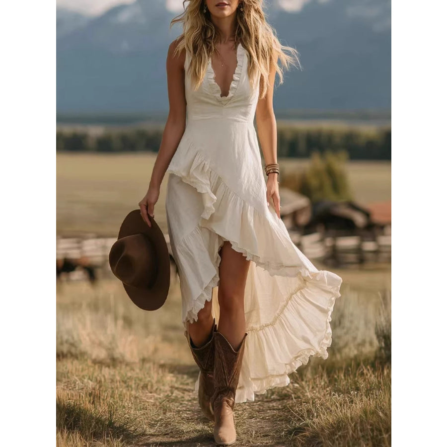 Ruffle Asymmetrical Hem Sleeveless Dress Ivory / S Apparel and Accessories