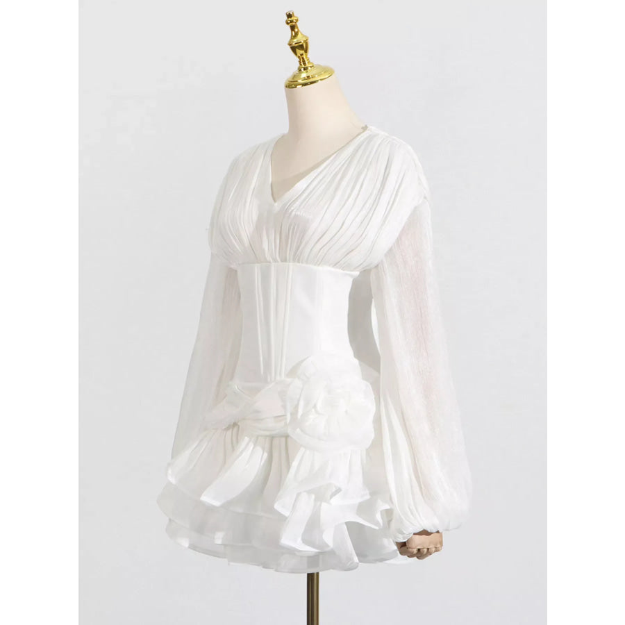 Ruffle Balloon Sleeve Mini Dress White / S Apparel and Accessories