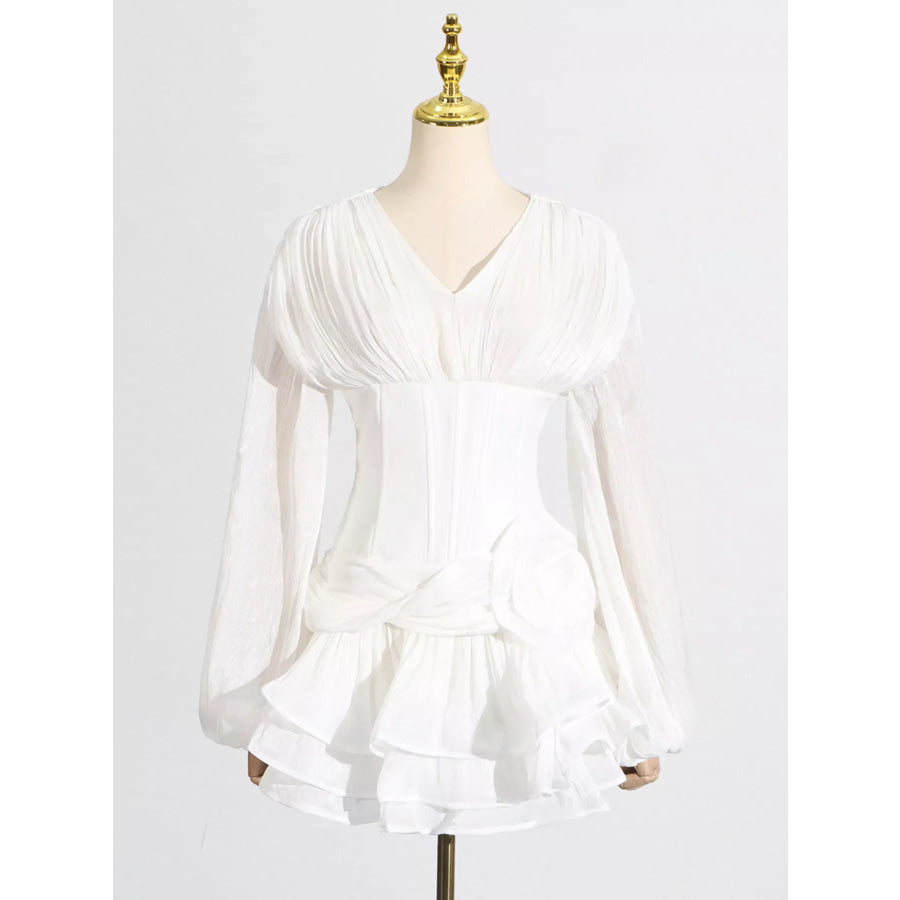 Ruffle Balloon Sleeve Mini Dress White / S Apparel and Accessories