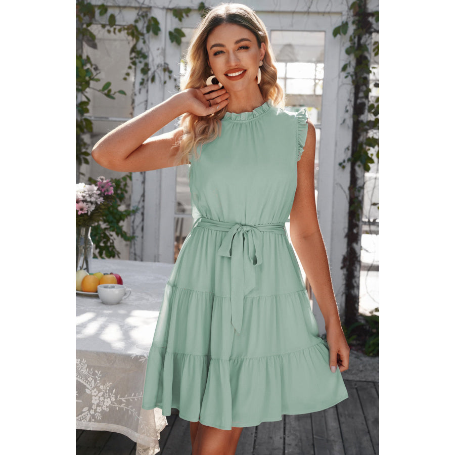 Ruffle Collar Tie Belt Tiered Dress Gum Leaf / S