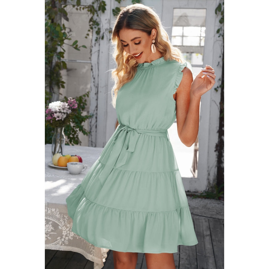 Ruffle Collar Tie Belt Tiered Dress