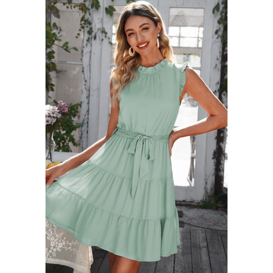 Ruffle Collar Tie Belt Tiered Dress