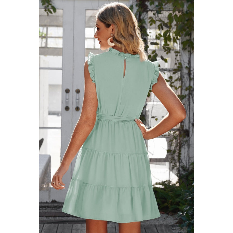 Ruffle Collar Tie Belt Tiered Dress