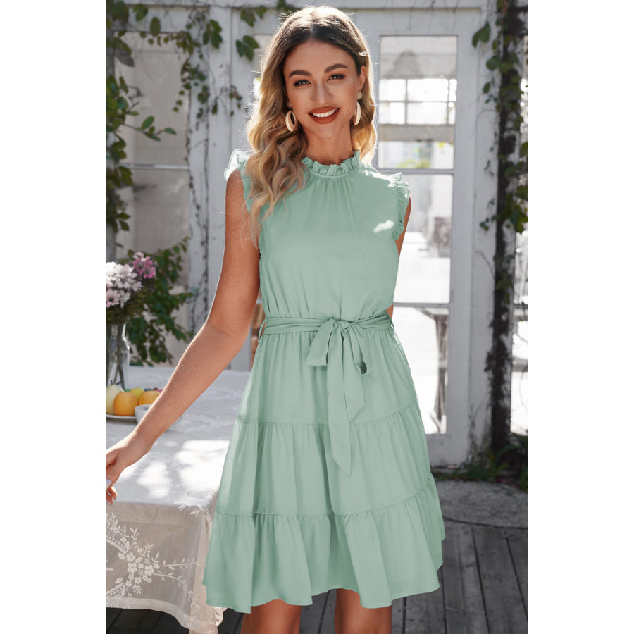 Ruffle Collar Tie Belt Tiered Dress