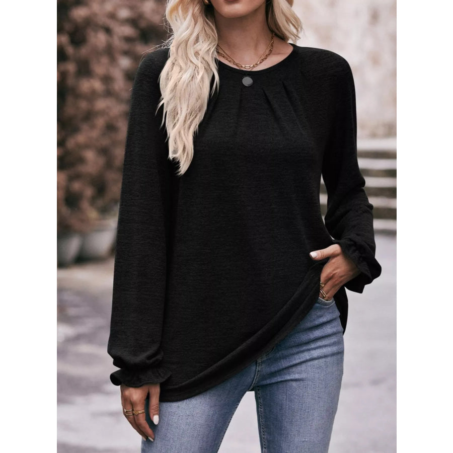 Ruffle Cuff Long Sleeve T-Shirt Black / S Apparel and Accessories