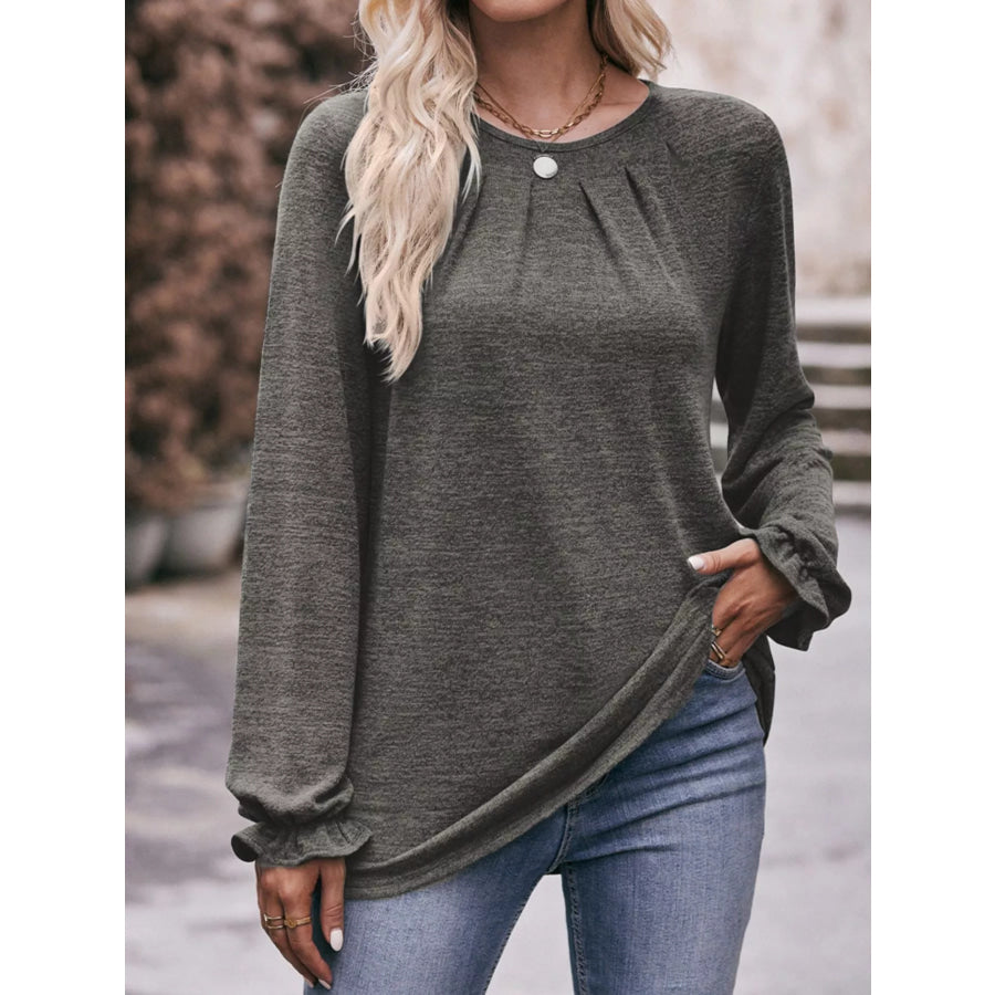 Ruffle Cuff Long Sleeve T-Shirt Dark Gray / S Apparel and Accessories
