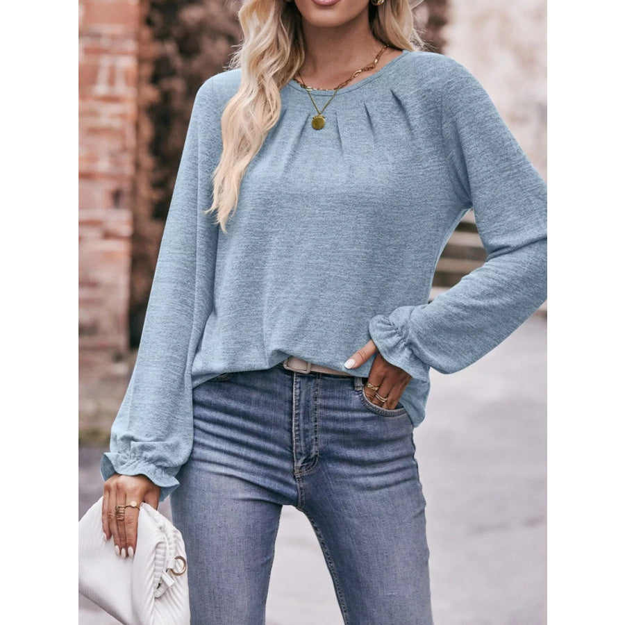 Ruffle Cuff Long Sleeve T-Shirt Light Blue / S Apparel and Accessories