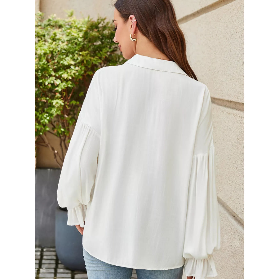 Ruffle Elastic Cuffs Puffy Long Sleeve Button Down Shirt Apparel and Accessories