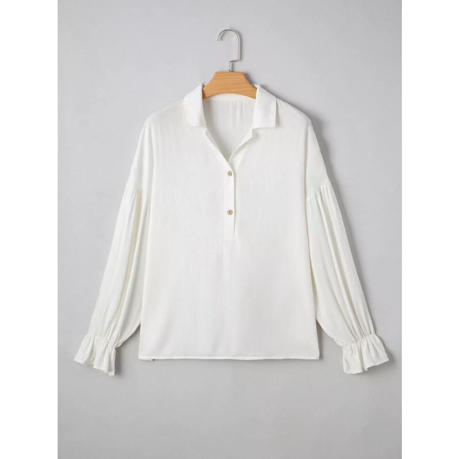 Ruffle Elastic Cuffs Puffy Long Sleeve Button Down Shirt Apparel and Accessories