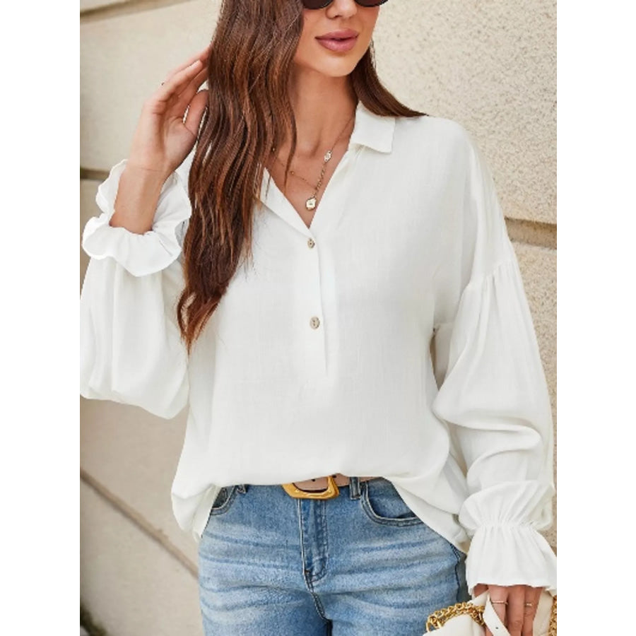 Ruffle Elastic Cuffs Puffy Long Sleeve Button Down Shirt Apparel and Accessories