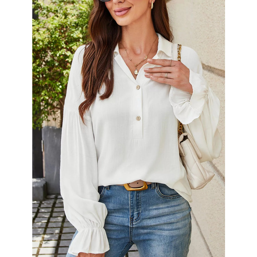 Ruffle Elastic Cuffs Puffy Long Sleeve Button Down Shirt Apparel and Accessories