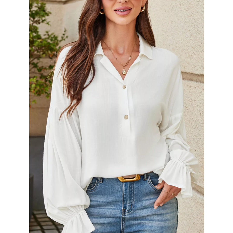 Ruffle Elastic Cuffs Puffy Long Sleeve Button Down Shirt Apparel and Accessories