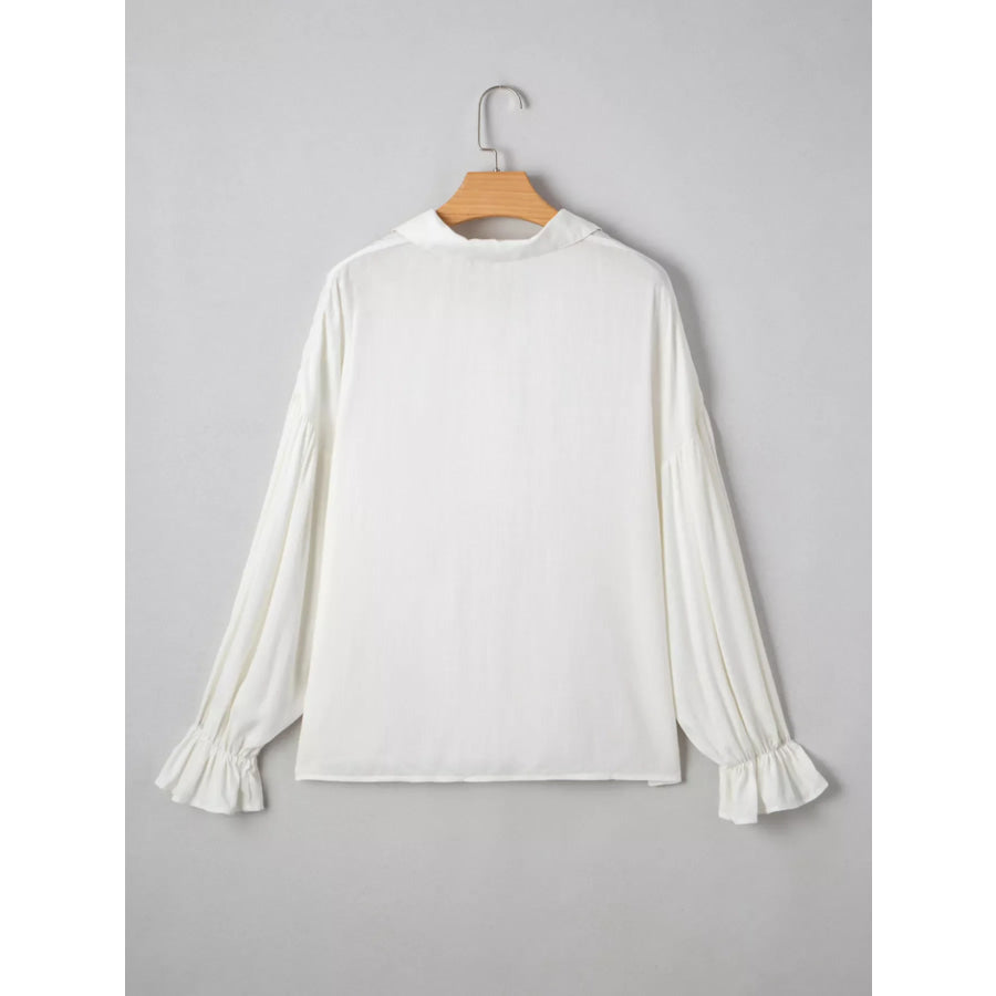 Ruffle Elastic Cuffs Puffy Long Sleeve Button Down Shirt Apparel and Accessories