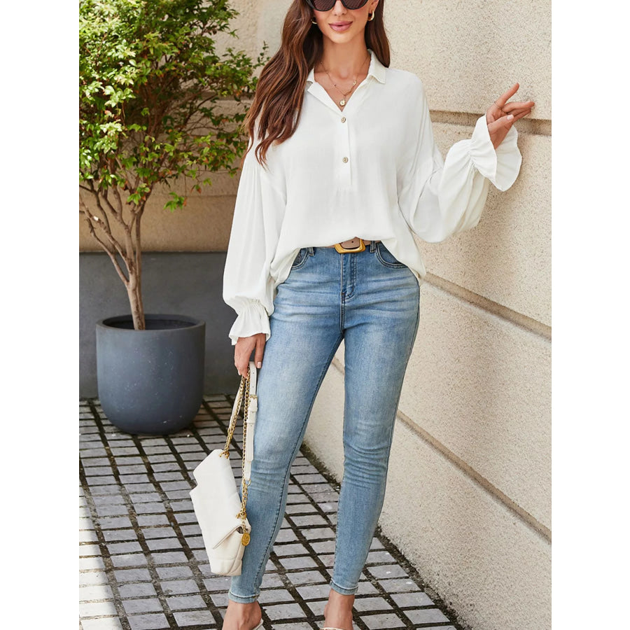 Ruffle Elastic Cuffs Puffy Long Sleeve Button Down Shirt Apparel and Accessories
