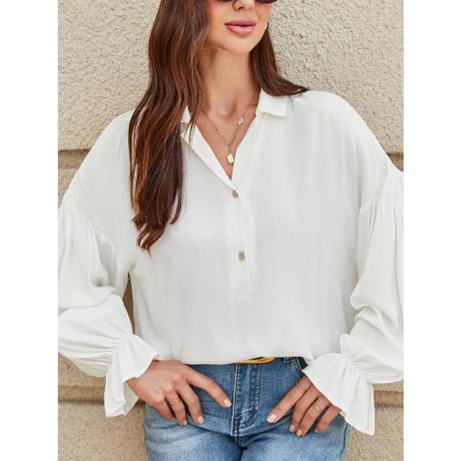 Ruffle Elastic Cuffs Puffy Long Sleeve Button Down Shirt White / S Apparel and Accessories