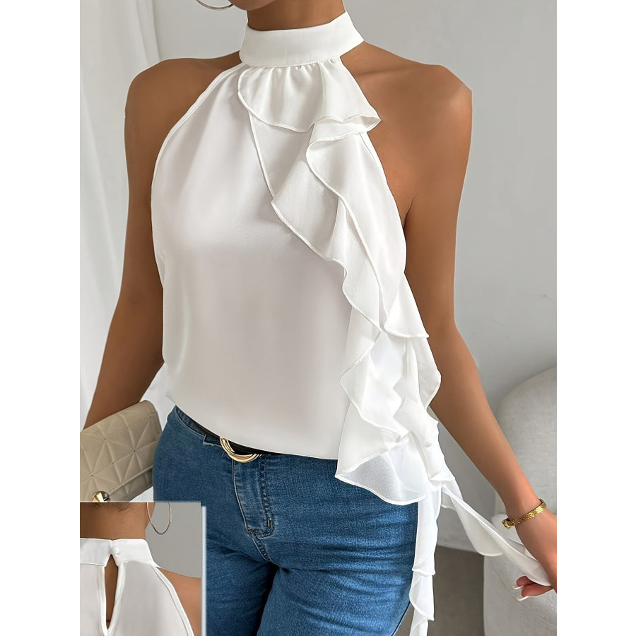Ruffle Halter Neck Sleeveless Blouse White / S Apparel and Accessories