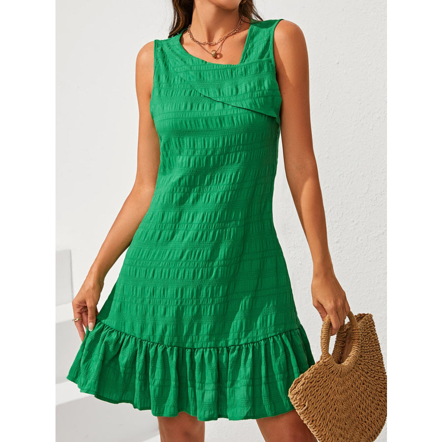 Ruffle Hem Asymmetrical Neck Sleeveless Dress Green / S Apparel and Accessories