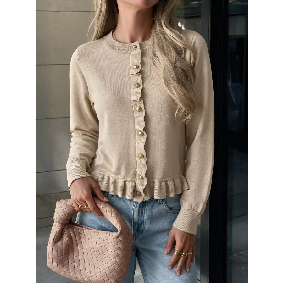 Ruffle Hem Button-Up Cardigan Apparel and Accessories