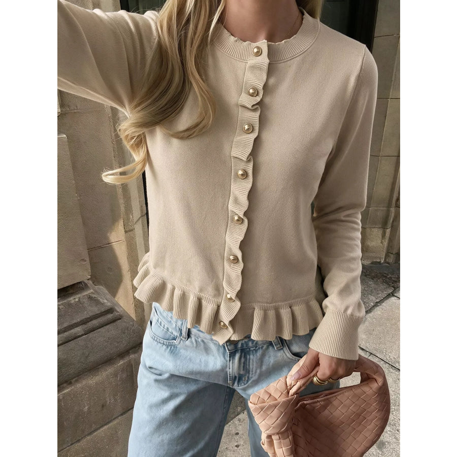 Ruffle Hem Button-Up Cardigan Apparel and Accessories