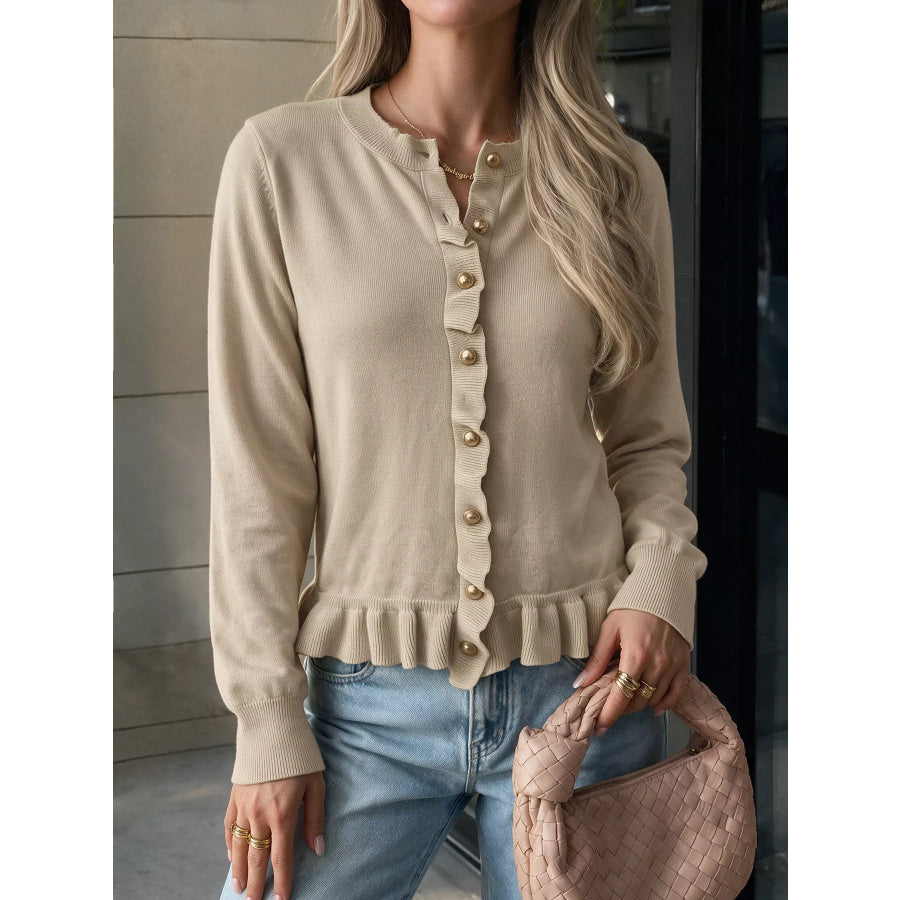 Ruffle Hem Button-Up Cardigan Apparel and Accessories