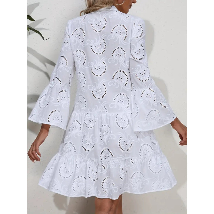 Ruffle Hem Eyelet Notched Long Sleeve Dress Apparel and Accessories