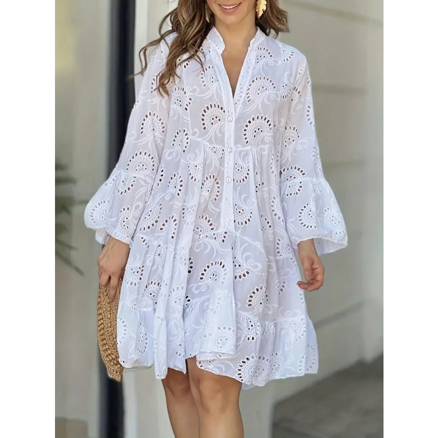 Ruffle Hem Eyelet Notched Long Sleeve Dress White / S Apparel and Accessories