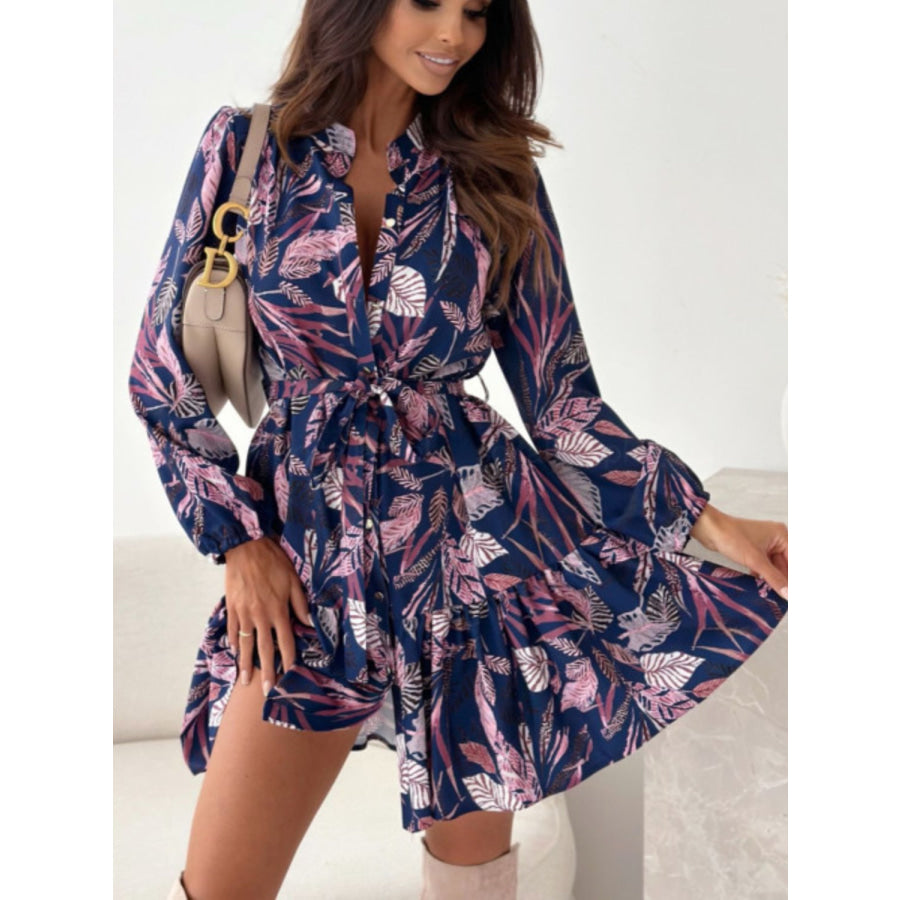 Ruffle Hem Floral Long Sleeve Dress Navy / S Apparel and Accessories