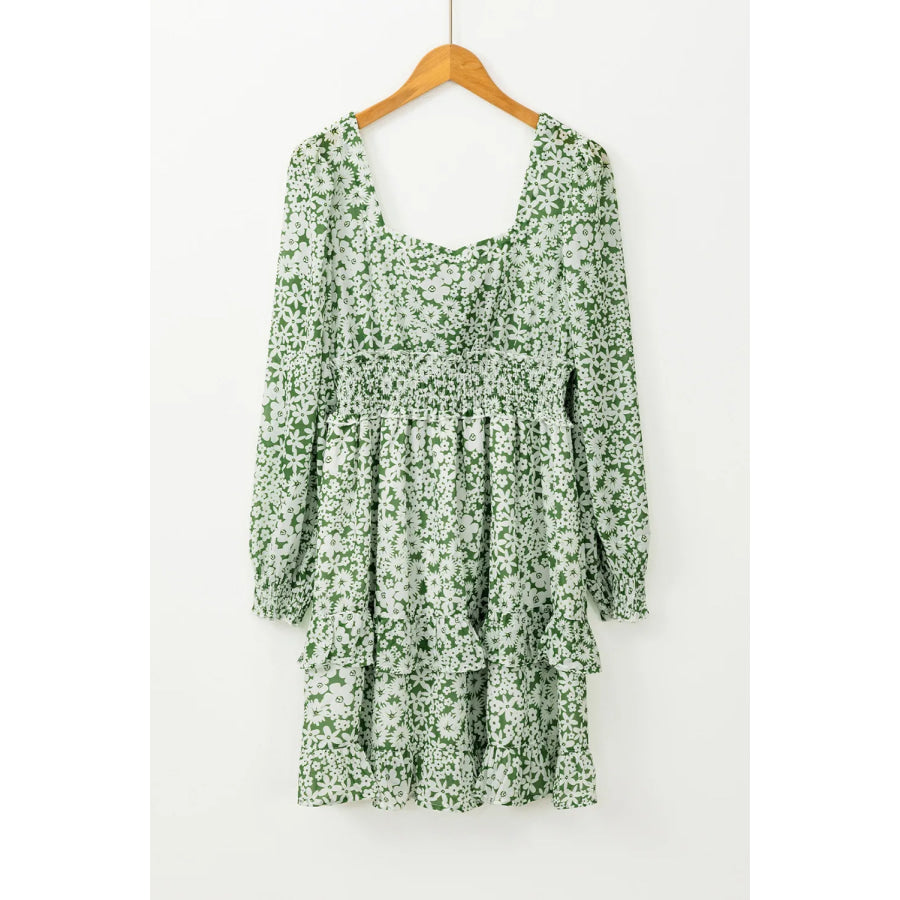 Ruffle Hem Floral Square Neck Long Sleeve Dress Apparel and Accessories