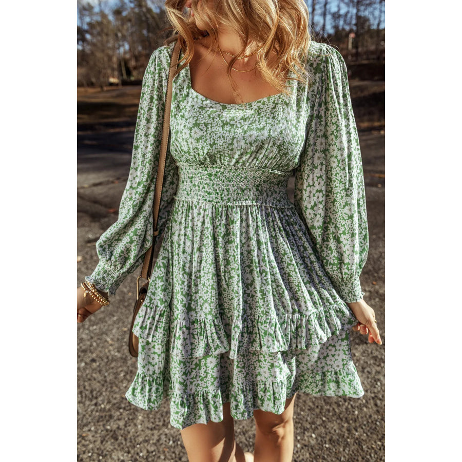 Ruffle Hem Floral Square Neck Long Sleeve Dress Sage / S Apparel and Accessories