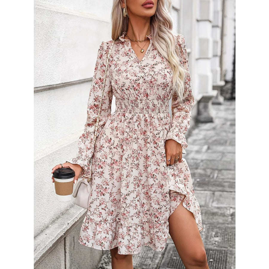 Ruffle Hem Floral Surplice Long Sleeve Dress Apparel and Accessories