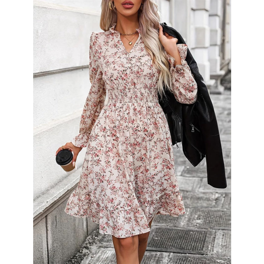 Ruffle Hem Floral Surplice Long Sleeve Dress Watermelon pink / S Apparel and Accessories