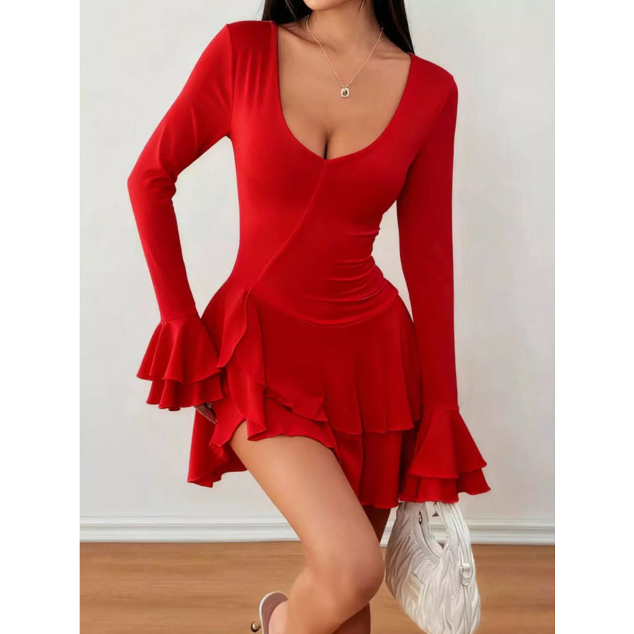 Ruffle Hem Flounce Sleeve Mini Dress Deep Red / XS Apparel and Accessories