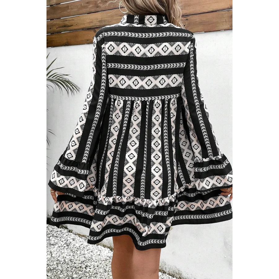 Ruffle Hem Geometric Notched Flare Sleeve Dress Apparel and Accessories