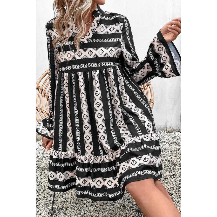 Ruffle Hem Geometric Notched Flare Sleeve Dress Apparel and Accessories