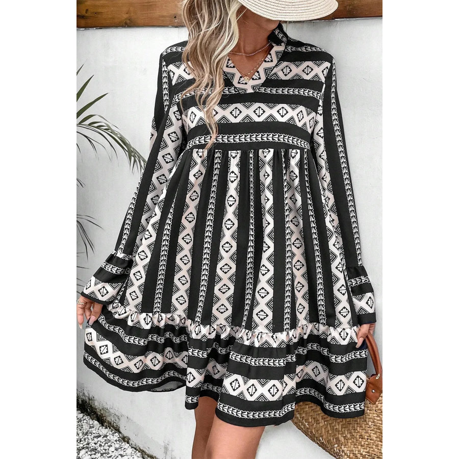 Ruffle Hem Geometric Notched Flare Sleeve Dress Apparel and Accessories