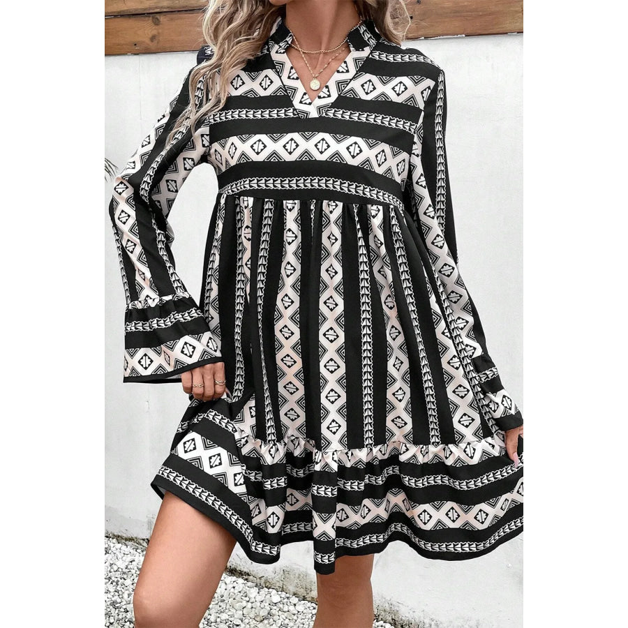 Ruffle Hem Geometric Notched Flare Sleeve Dress Black / S Apparel and Accessories