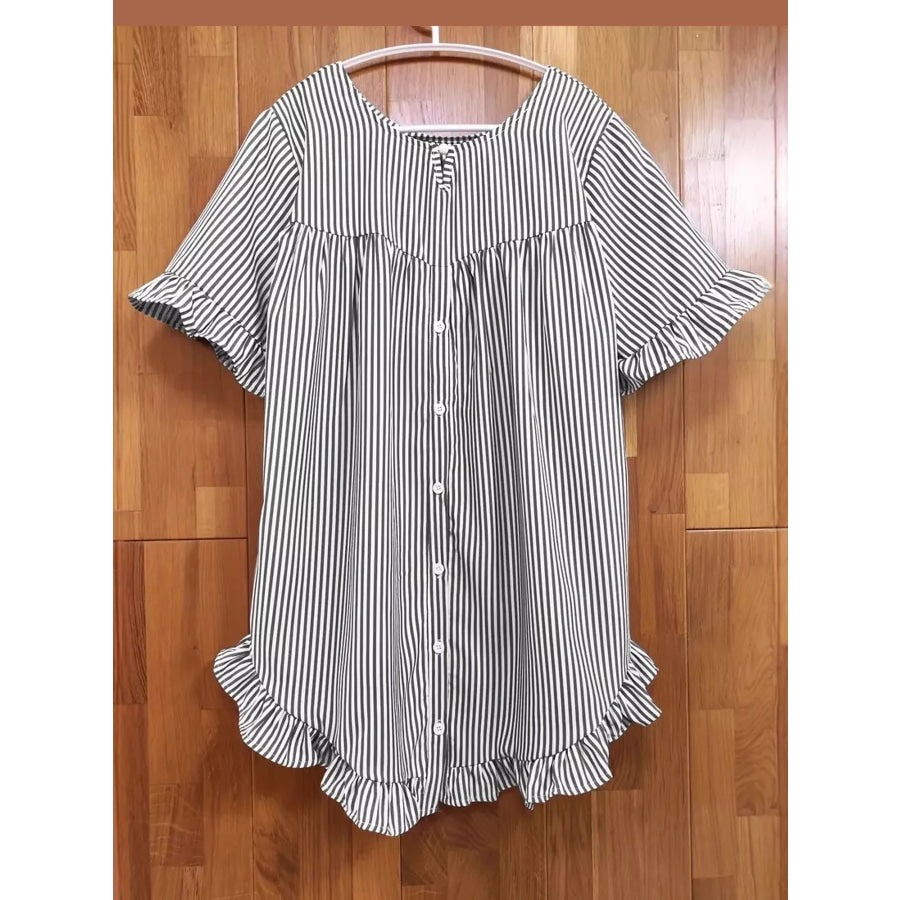 Ruffle Hem Half Sleeve Blouse Black Stripes / S Apparel and Accessories