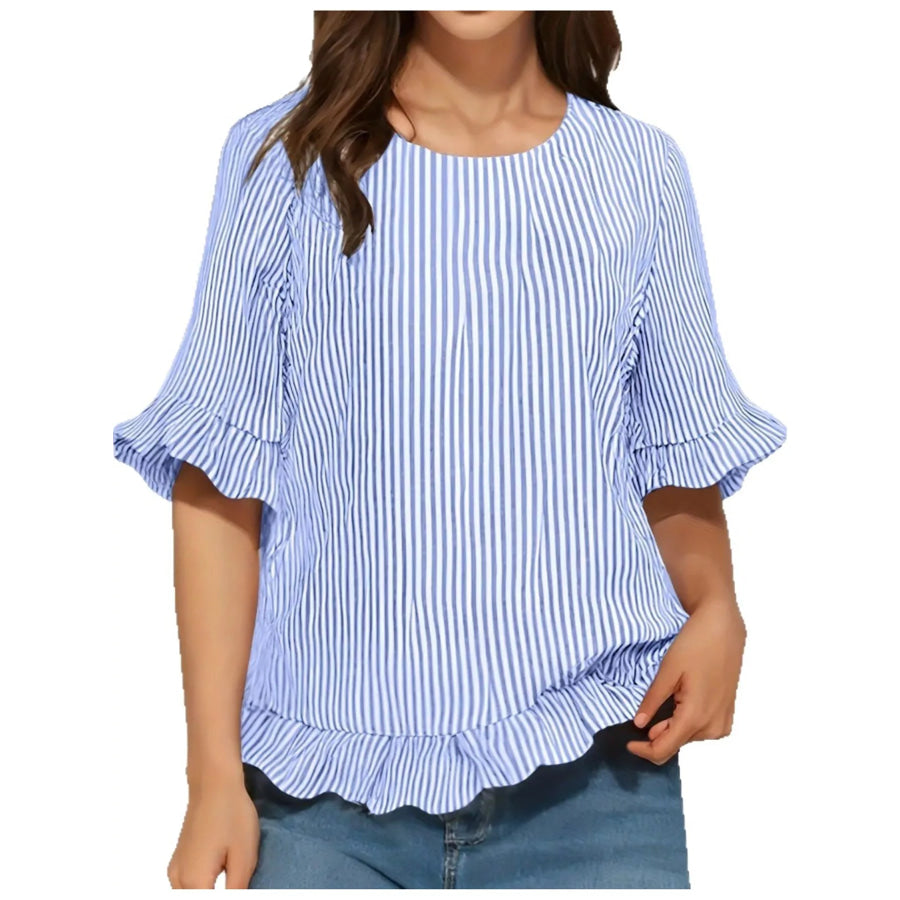 Ruffle Hem Half Sleeve Blouse Blue Stripes / S Apparel and Accessories