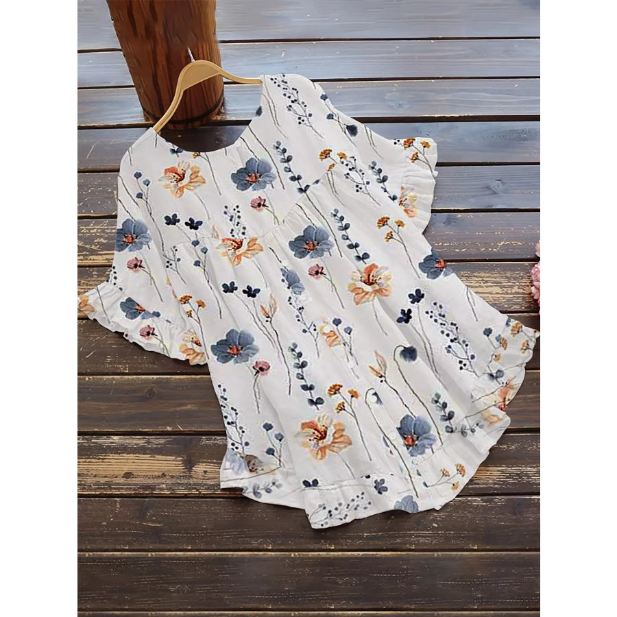 Ruffle Hem Half Sleeve Blouse Feather Print / S Apparel and Accessories