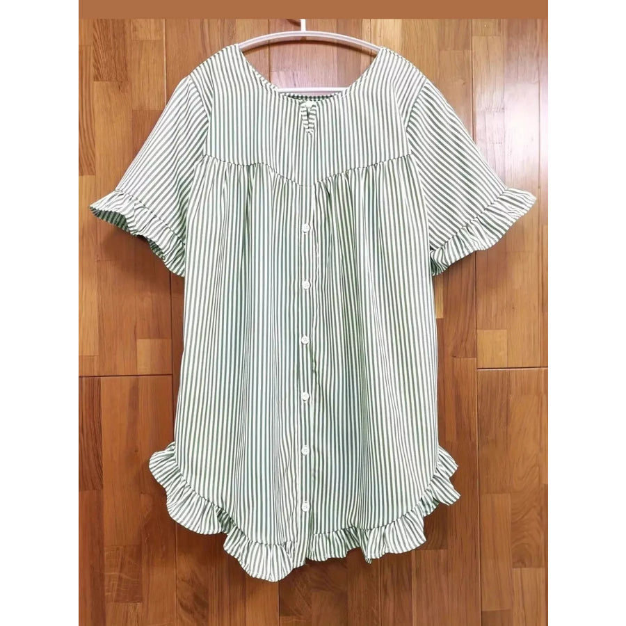 Ruffle Hem Half Sleeve Blouse Green Stripes / S Apparel and Accessories
