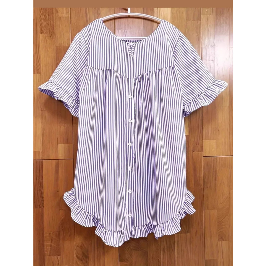 Ruffle Hem Half Sleeve Blouse Purple Stripes / S Apparel and Accessories
