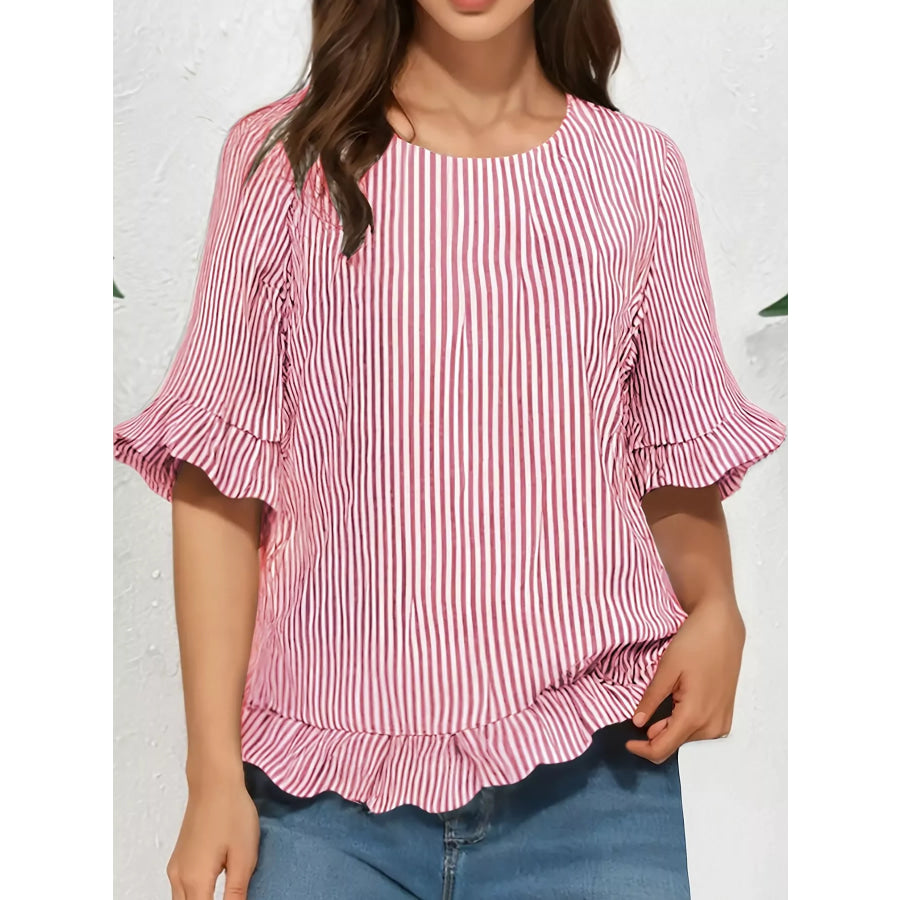 Ruffle Hem Half Sleeve Blouse Red Stripe / S Apparel and Accessories