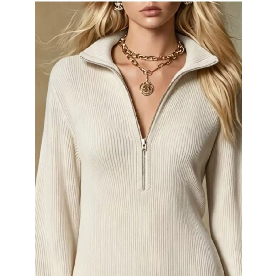 Ruffle Hem Half Zip Dress Beige / S Apparel and Accessories